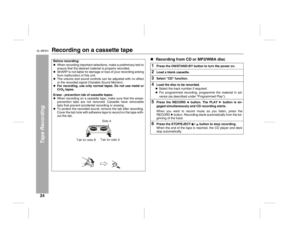 Sony XL-MP2H Recording on a cassette tape, Tape Recording, Recording from CD or MP3/WMA disc, Before recording 