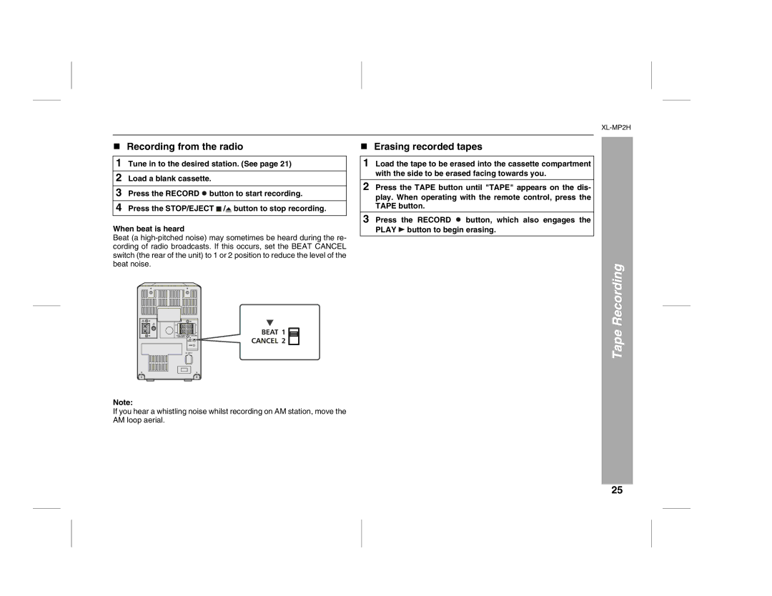 Sony XL-MP2H operation manual Recording from the radio, Erasing recorded tapes 