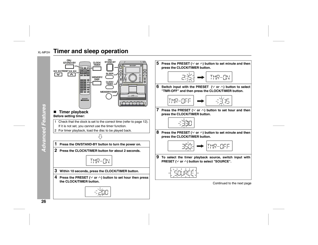 Sony operation manual XL-MP2HTimer and sleep operation, Advanced Features, „ Timer playback, Before setting timer 