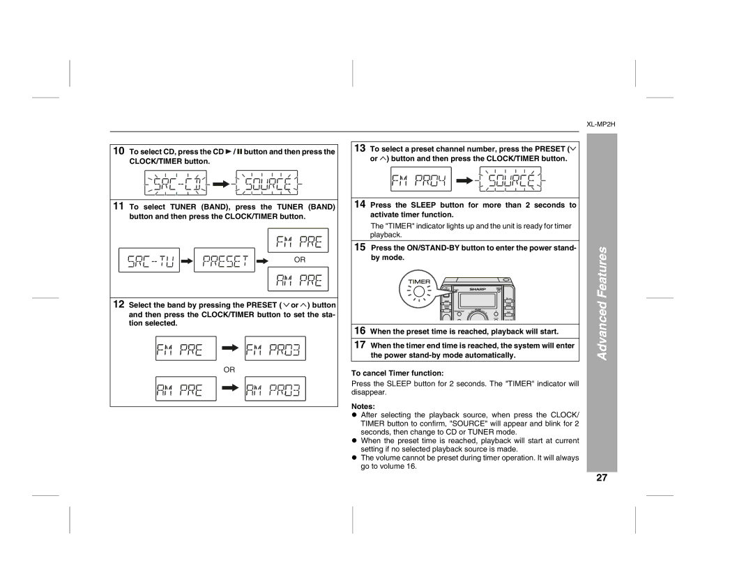 Sony XL-MP2H operation manual Advanced, By mode, When the preset time is reached, playback will start 