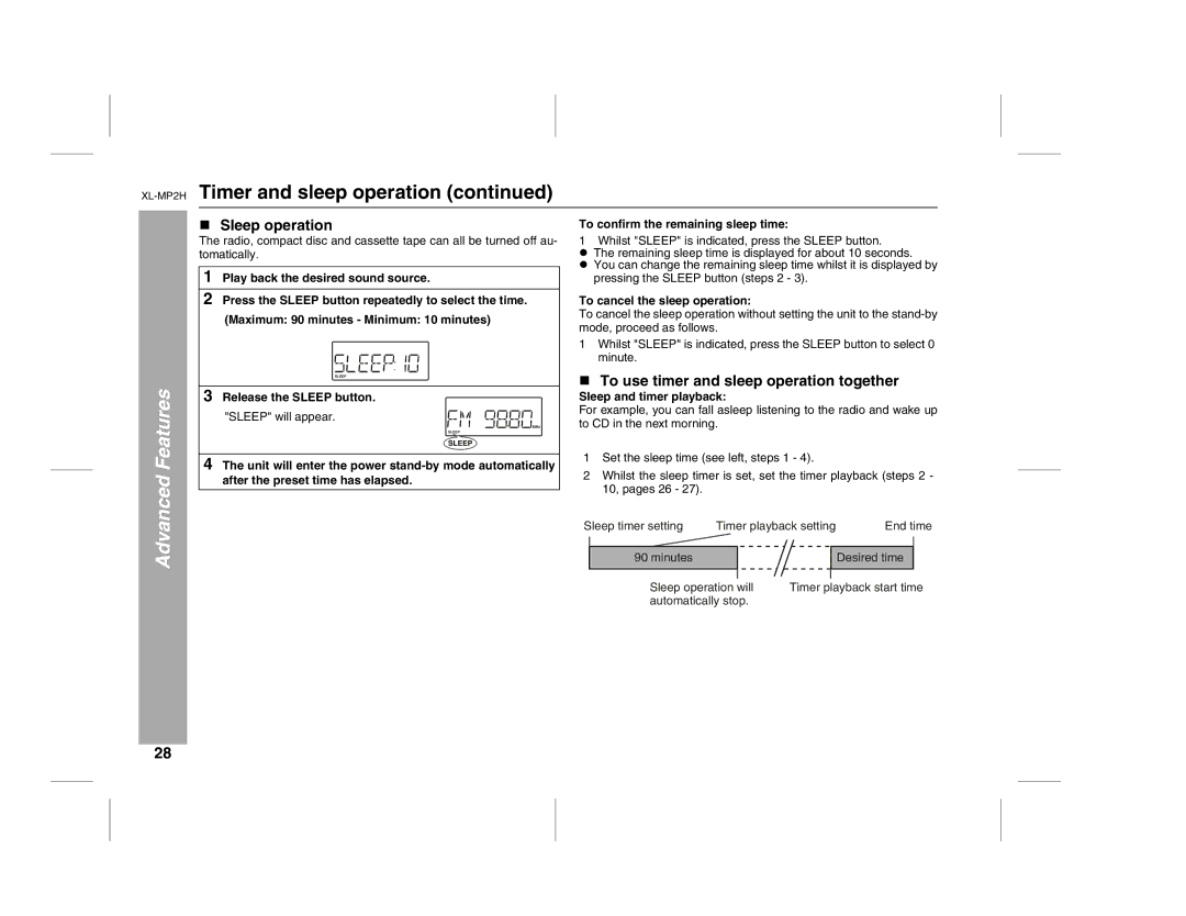 Sony XL-MP2H operation manual „ Sleep operation, „ To use timer and sleep operation together 