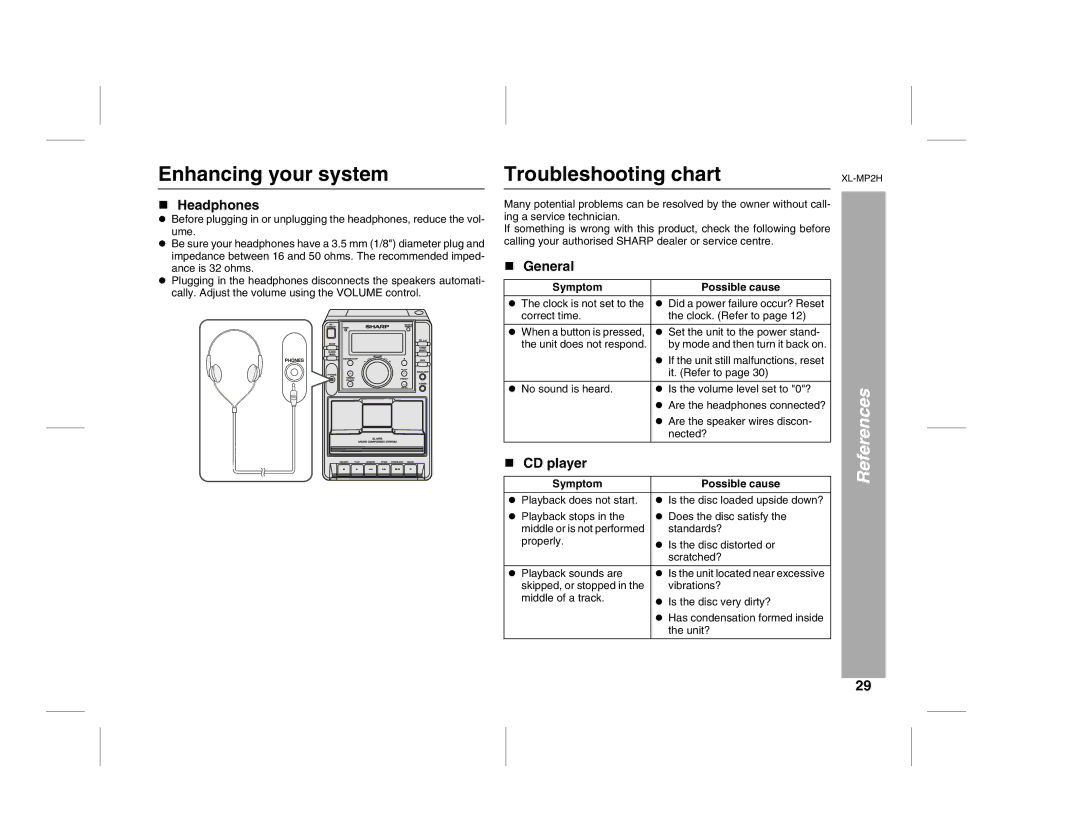 Sony XL-MP2H operation manual Enhancing your system, Troubleshooting chart, Headphones, CD player, Symptom Possible cause 