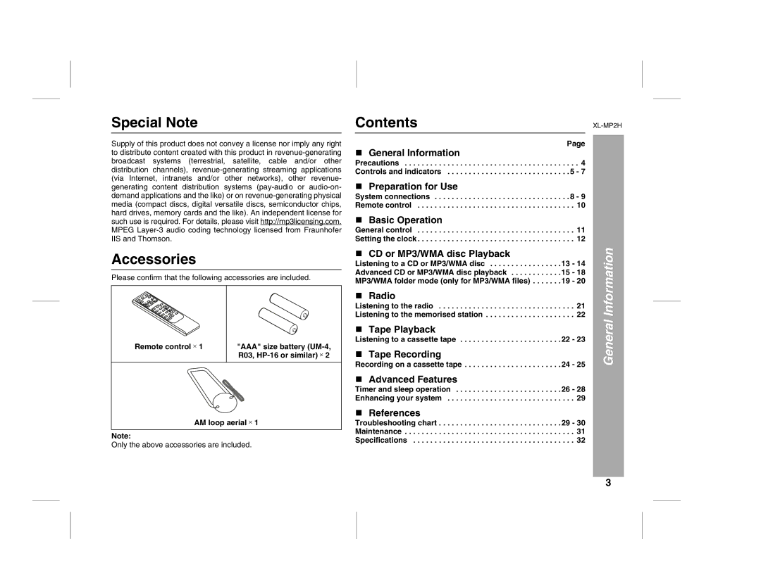 Sony XL-MP2H operation manual Special Note, Accessories, Contents 