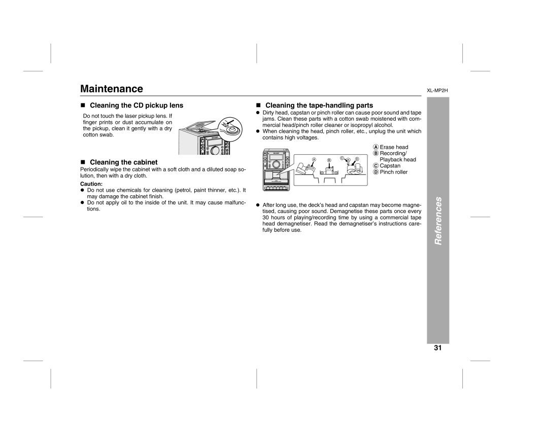 Sony XL-MP2H Maintenance, Cleaning the CD pickup lens, Cleaning the cabinet, Cleaning the tape-handling parts 