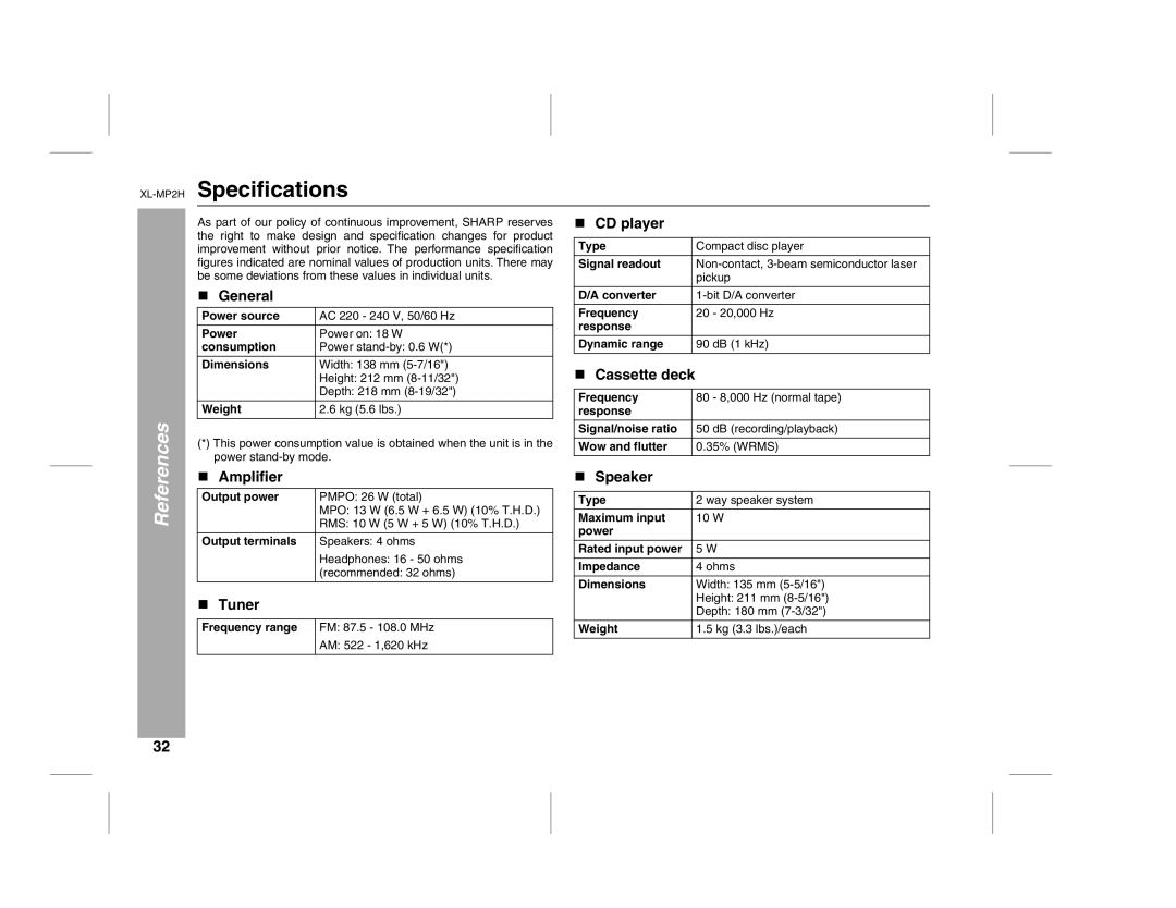 Sony XL-MP2H operation manual Specifications, Amplifier, Speaker 