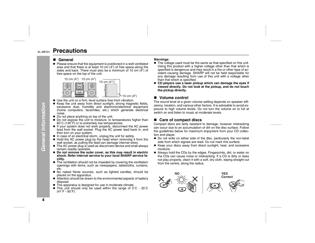 Sony XL-MP2H operation manual Precautions, General, Volume control, Care of compact discs 