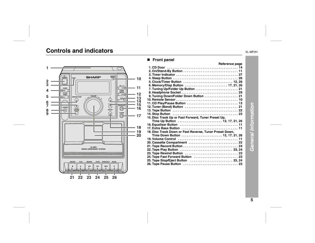 Sony XL-MP2H operation manual Controls and indicators, Information, General, Front panel 