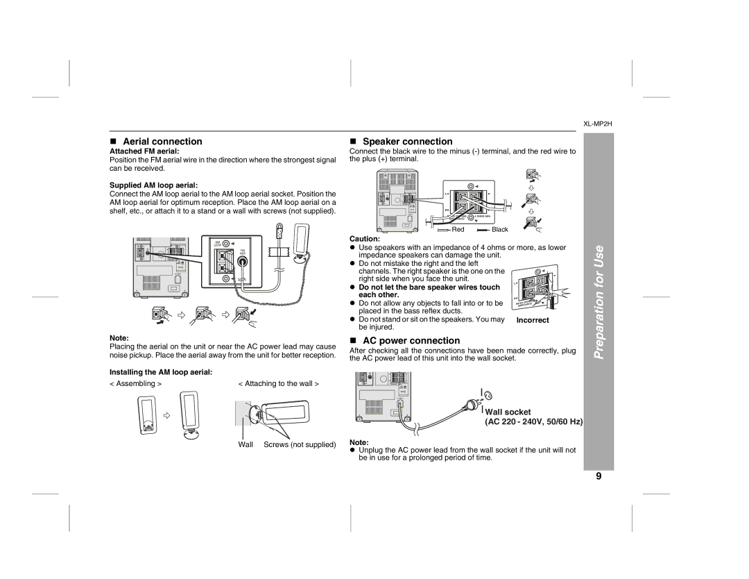 Sony XL-MP2H operation manual Use, „ Aerial connection, „ Speaker connection, „ AC power connection 