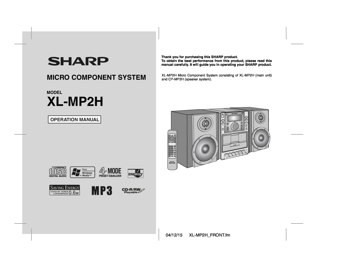Sony operation manual Model, 04/12/15 XL-MP2H FRONT.fm, Micro Component System 