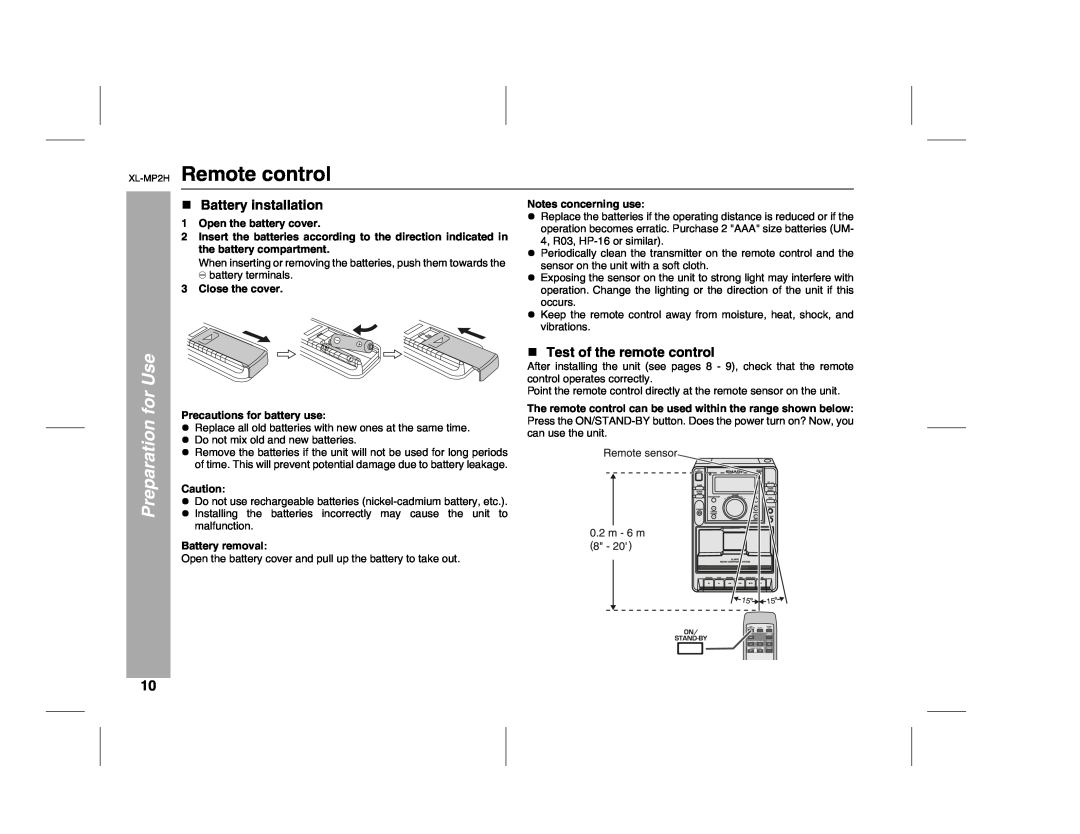 Sony XL-MP2H operation manual Remote control, Battery installation, Test of the remote control, Preparation for Use 