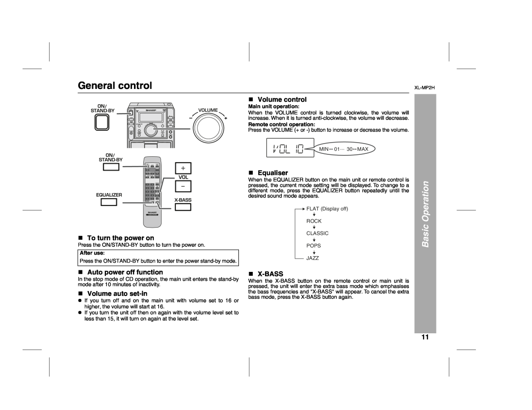 Sony XL-MP2H General control, Basic Operation, To turn the power on, Equaliser, Auto power off function, X-Bass 
