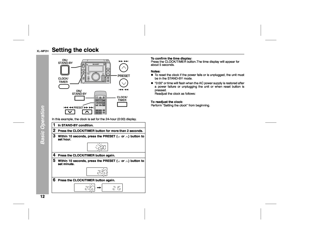 Sony XL-MP2H operation manual Setting the clock, Basic Operation 