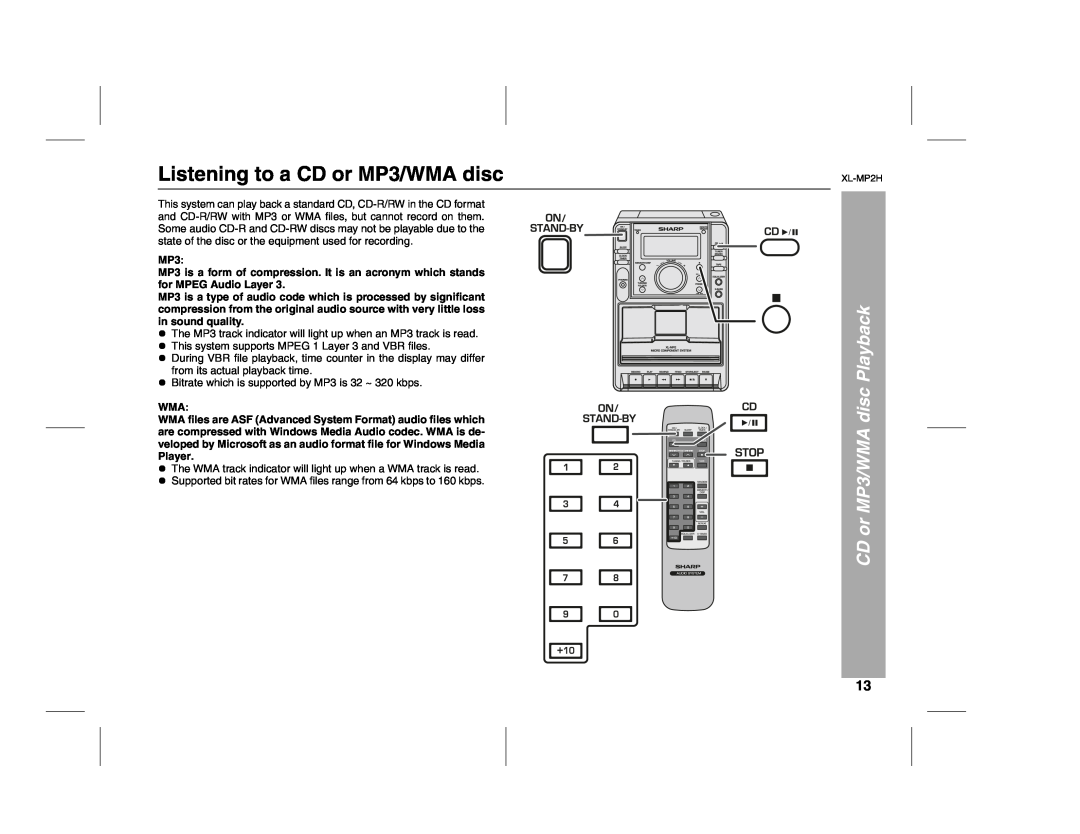 Sony XL-MP2H operation manual Listening to a CD or MP3/WMA disc, CD or MP3/WMA disc Playback 