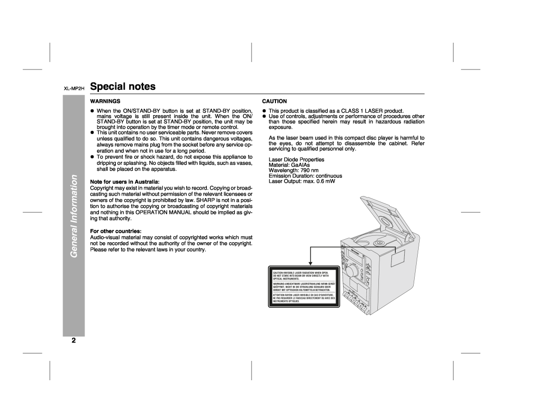 Sony XL-MP2H operation manual Special notes, General Information 