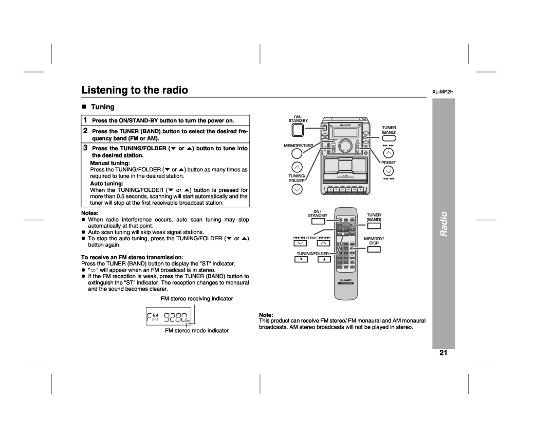 Sony XL-MP2H operation manual Listening to the radio, Radio, Tuning 