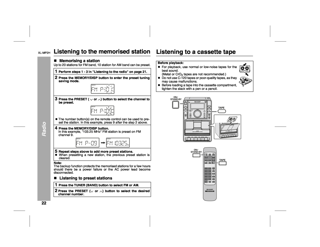 Sony XL-MP2H operation manual Listening to the memorised station, Listening to a cassette tape, Memorising a station, Radio 