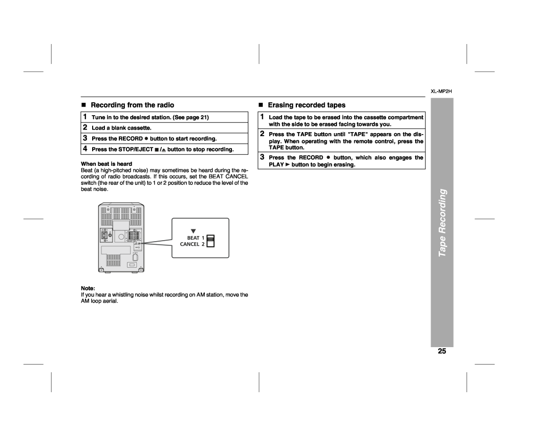 Sony XL-MP2H operation manual Recording from the radio, Erasing recorded tapes, Tape Recording 