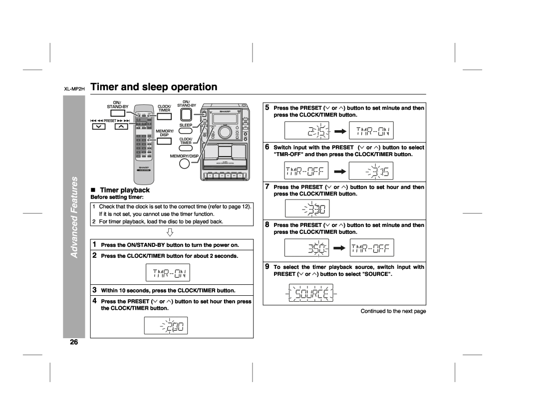 Sony operation manual XL-MP2H Timer and sleep operation, Advanced Features, „Timer playback 