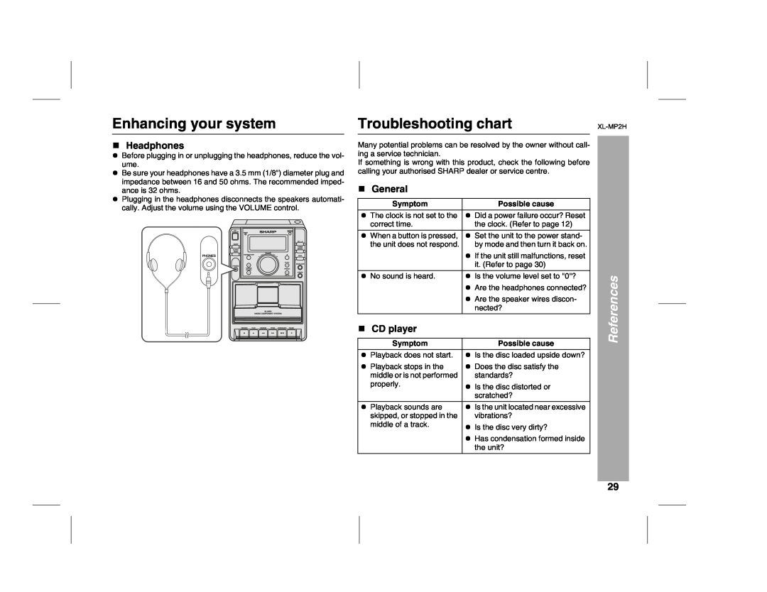 Sony XL-MP2H operation manual Enhancing your system, Troubleshooting chart, Headphones, CD player, General 