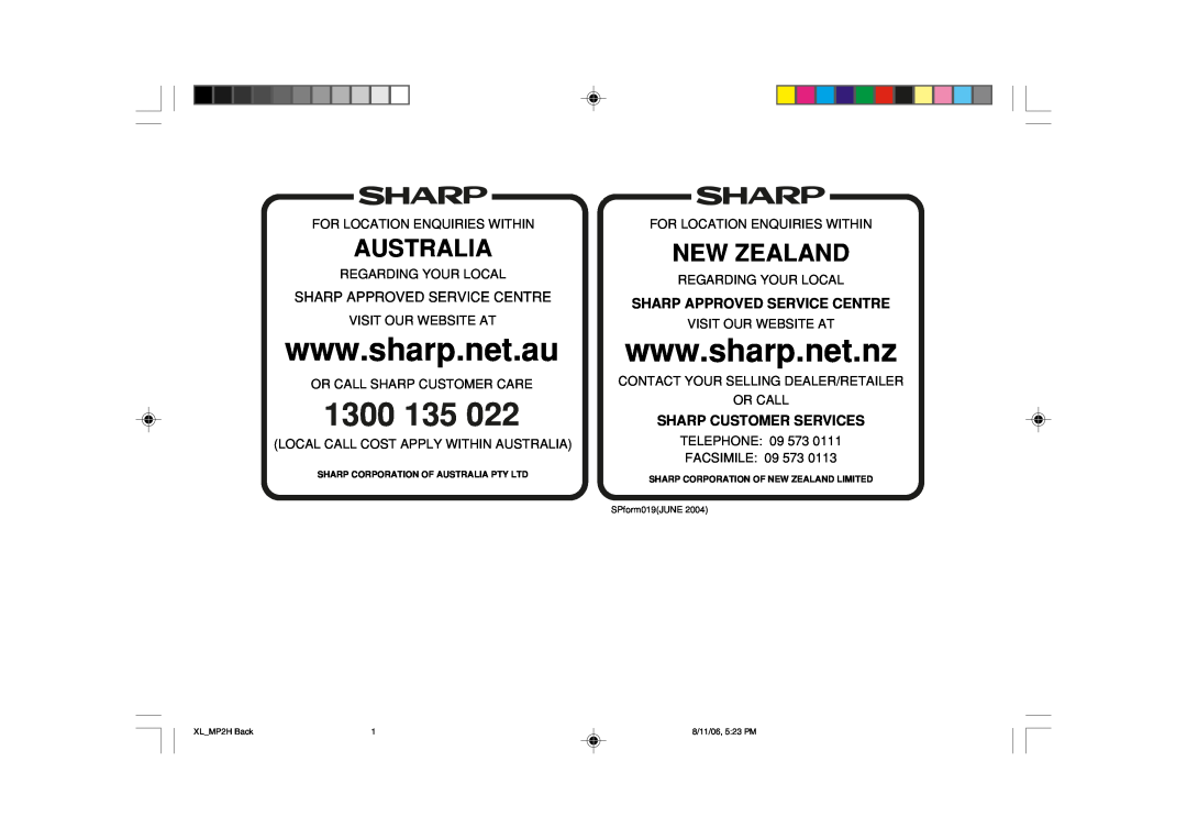 Sony XL-MP2H operation manual Sharp Approved Service Centre, Sharp Customer Services, 1300, Australia, New Zealand 