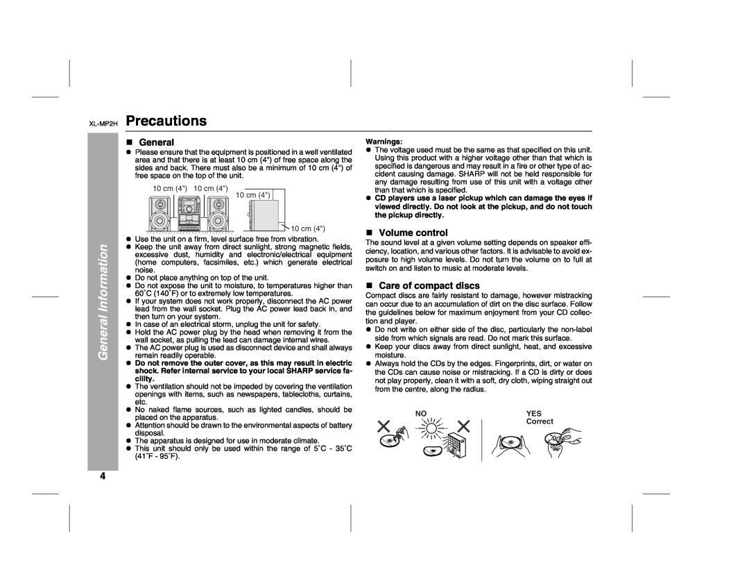 Sony XL-MP2H operation manual Precautions, Volume control, Care of compact discs, General Information, 10 cm 