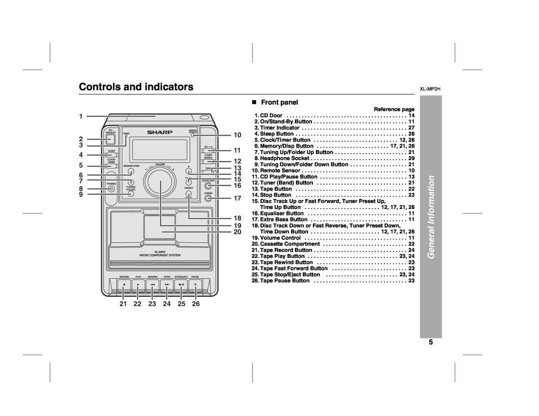 Sony XL-MP2H operation manual Controls and indicators, Information, General, Front panel 