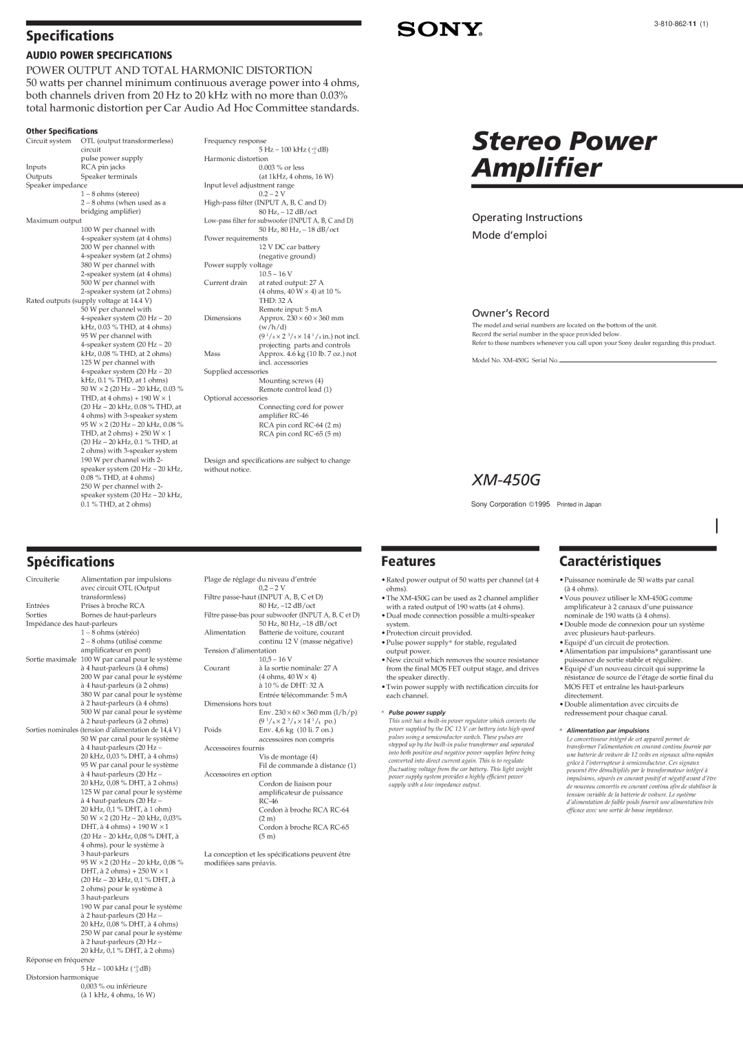 Sony XM-450G operating instructions Spécifications, Features, Caractéristiques, Other Specifications 