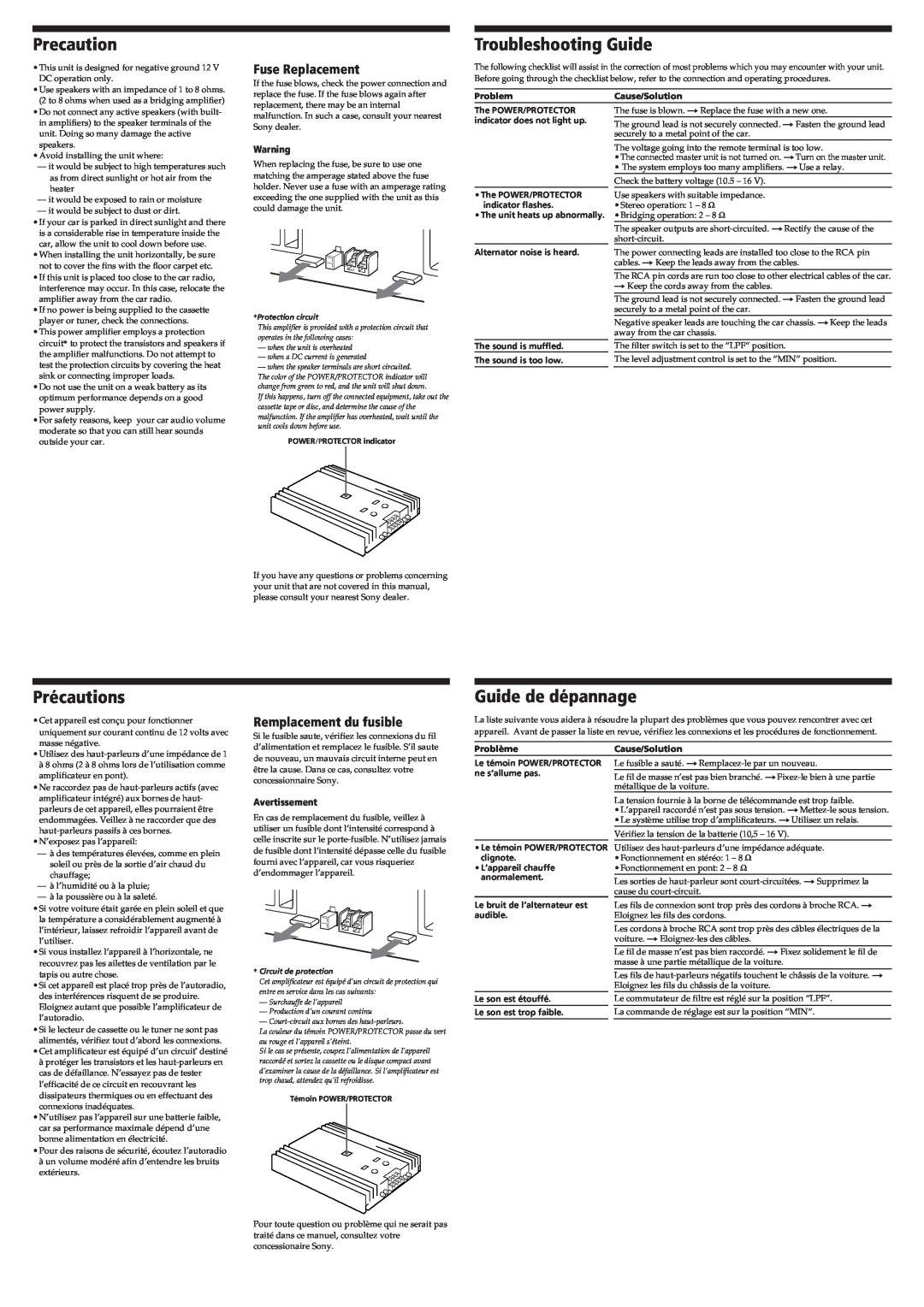 Sony XM-450G Precaution, Troubleshooting Guide, Précautions, Guide de dépannage, Fuse Replacement, Remplacement du fusible 