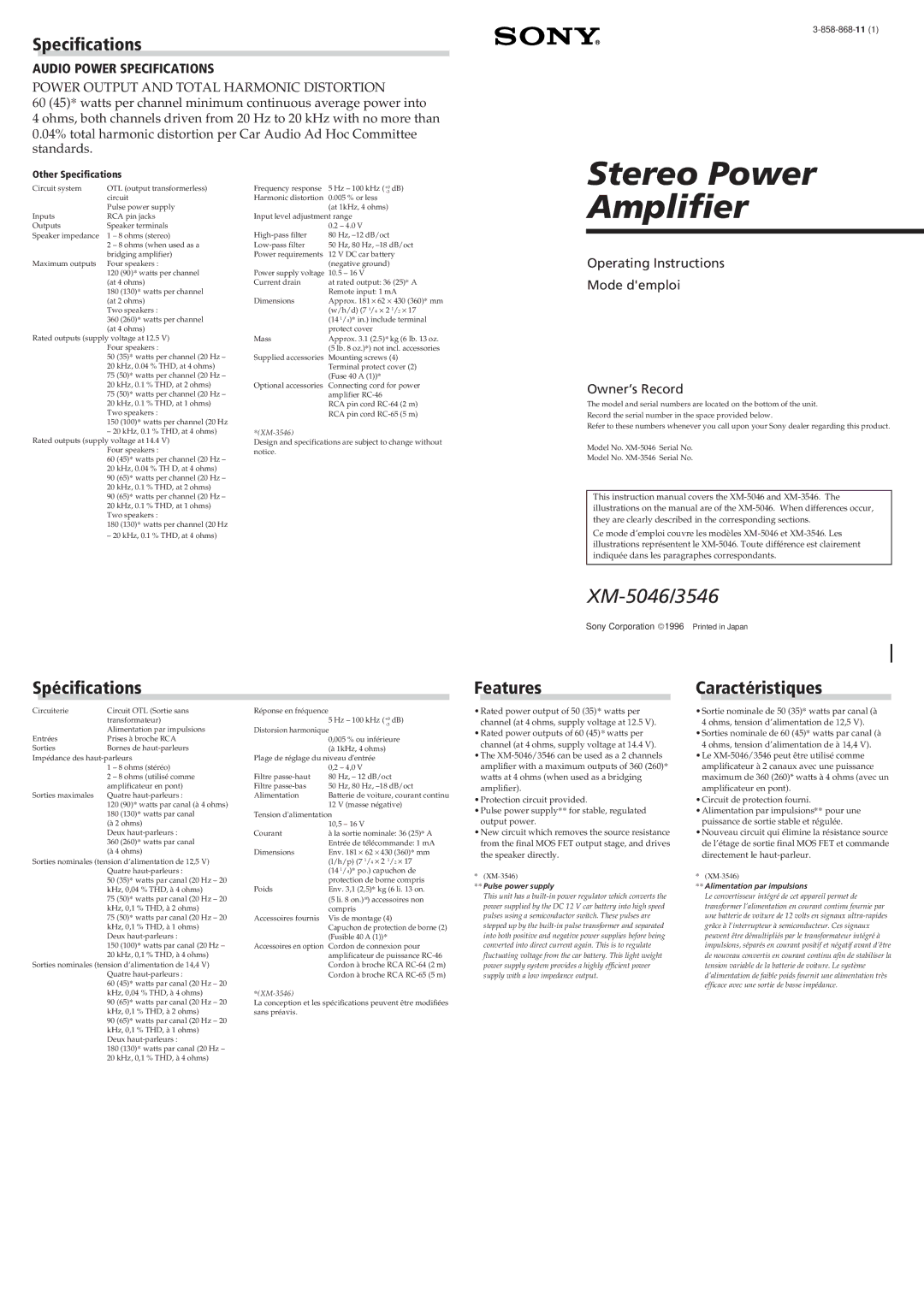 Sony XM-5046/3546 specifications Spécifications Features Caractéristiques, Other Specifications, Pulse power supply 