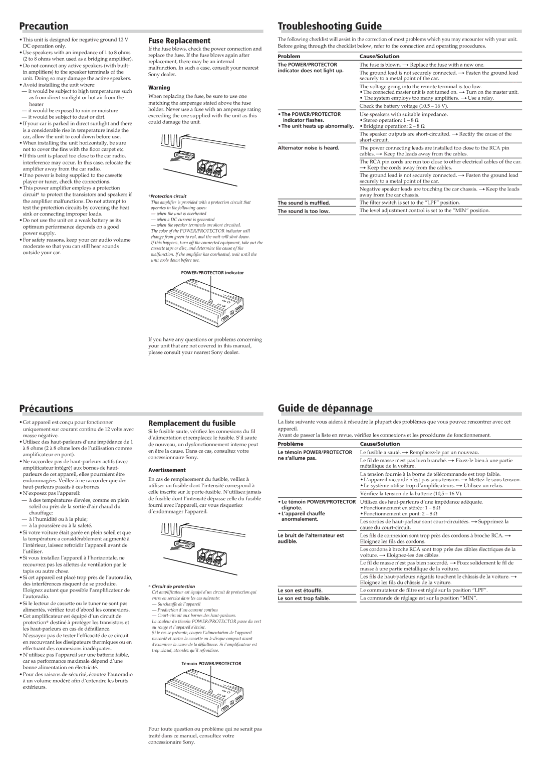 Sony XM-5046/3546 specifications Precaution Troubleshooting Guide, Précautions Guide de dépannage, Fuse Replacement 