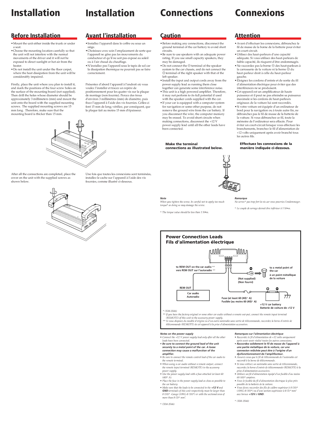 Sony XM-5046/3546 Before Installation, Avant linstallation, Power Connection Leads Fils dalimentation électrique 