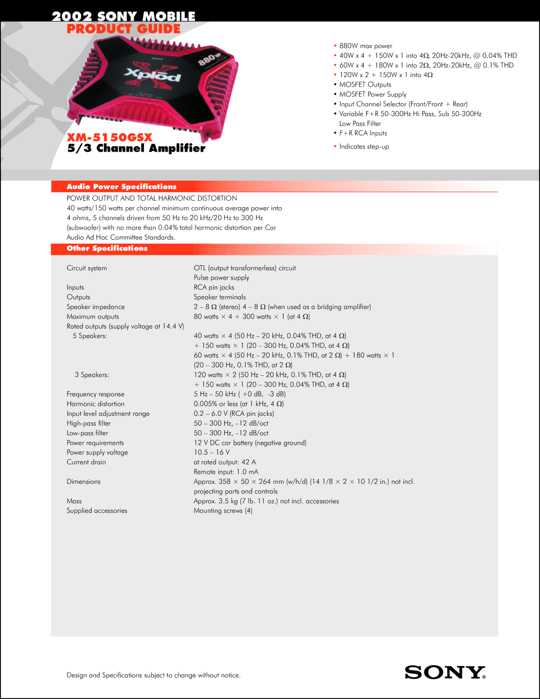 Sony XM-5150GSX specifications Sony Mobile, Product Guide, Channel Amplifier 