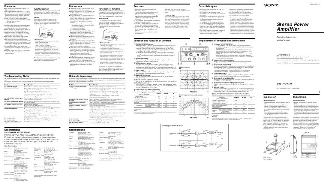 Sony XM-752EQX operating instructions Precaution, Précautions, Features, Caractéristiques, Troubleshooting Guide 