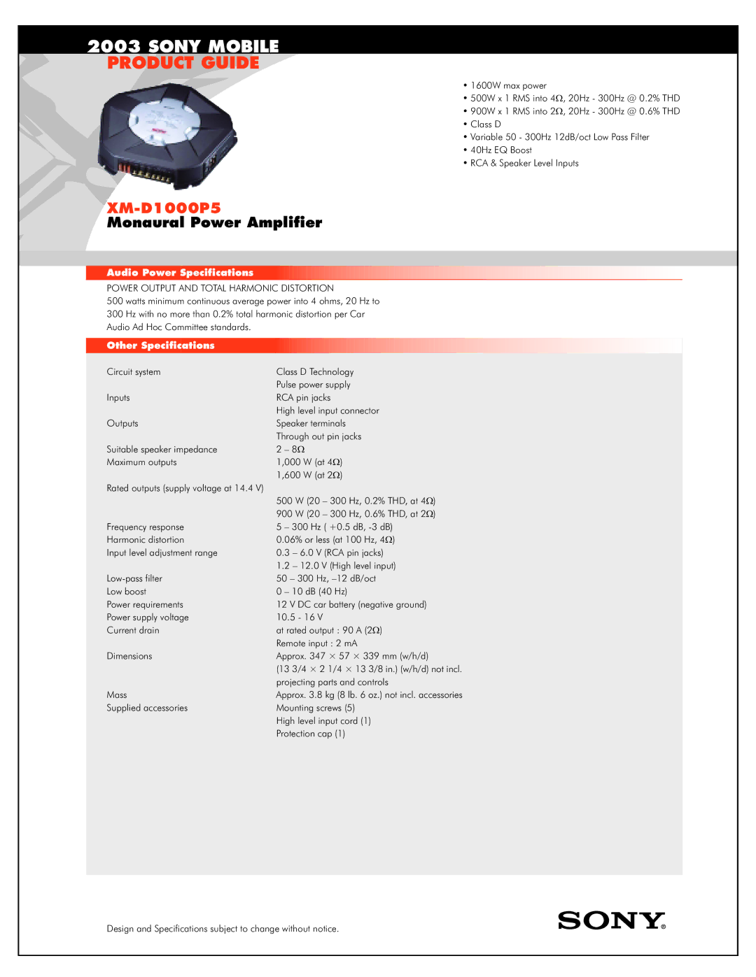 Sony XM-D1000P5 specifications Sony Mobile, Product Guide, Monaural Power Amplifier 