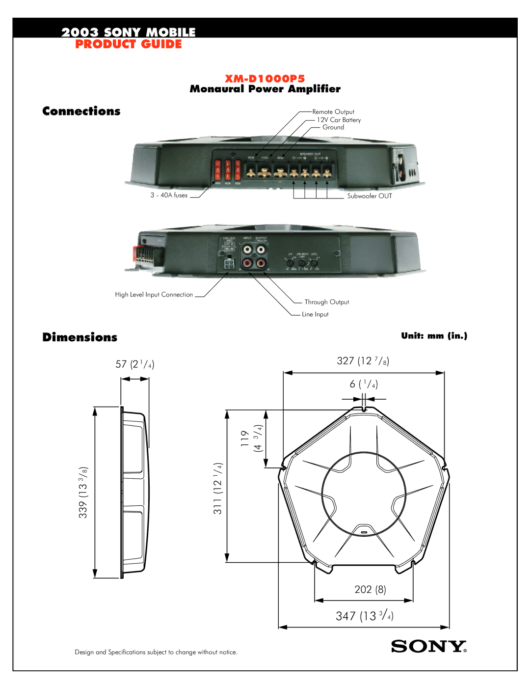 Sony XM-D1000P5 specifications Connections, Dimensions 