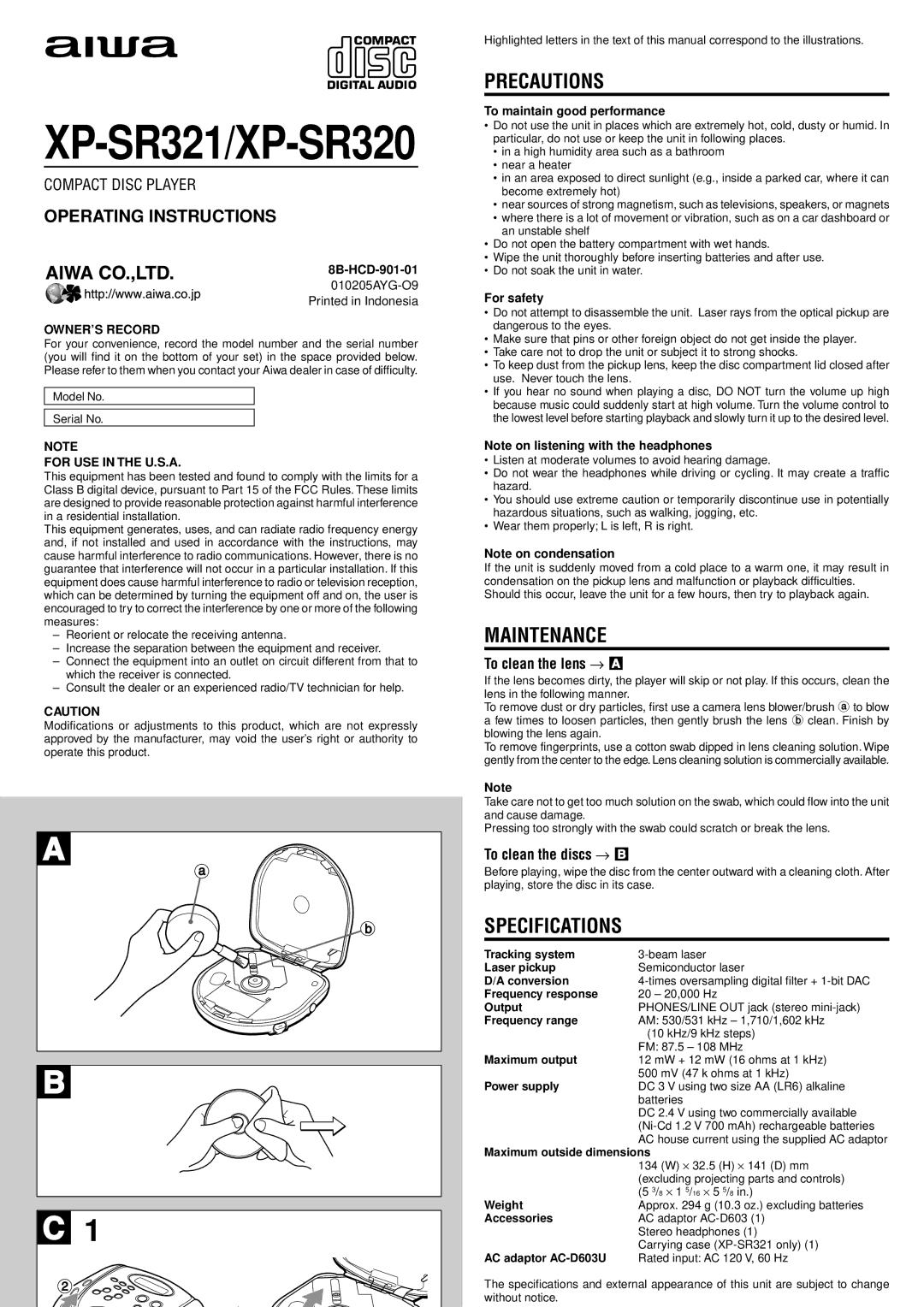 Sony XP-SR321 specifications Precautions, Maintenance, Specifications, To clean the lens → a, To clean the discs → B 