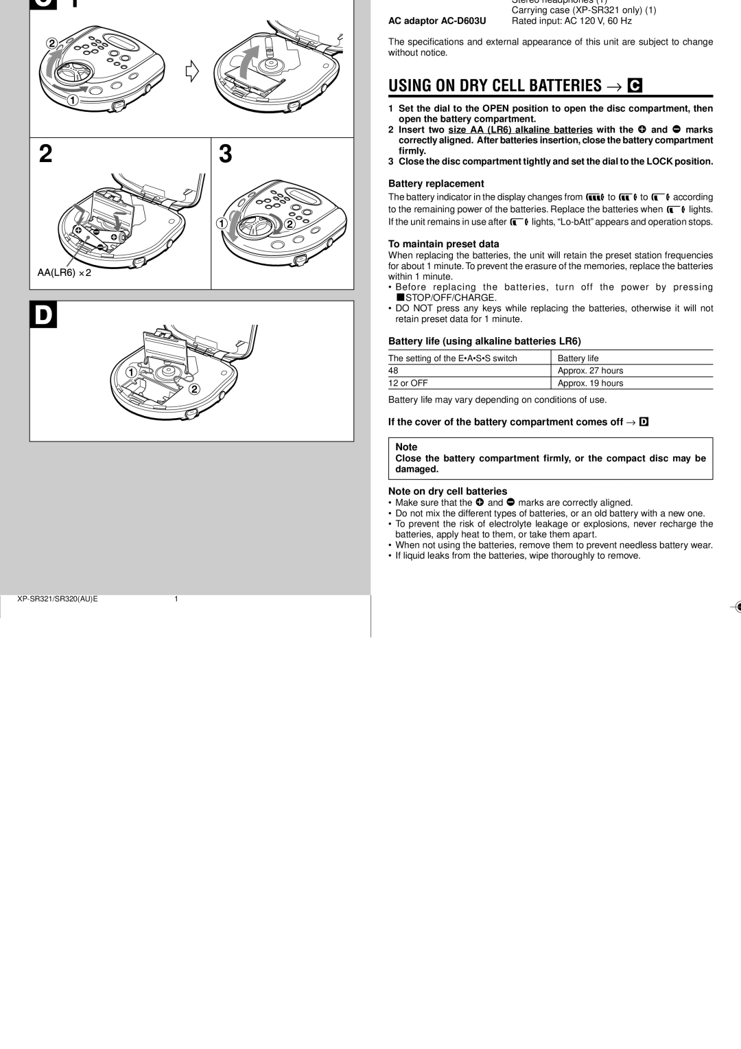 Sony XP-SR320, XP-SR321 specifications Using on DRY Cell Batteries → C, Battery replacement, To maintain preset data 