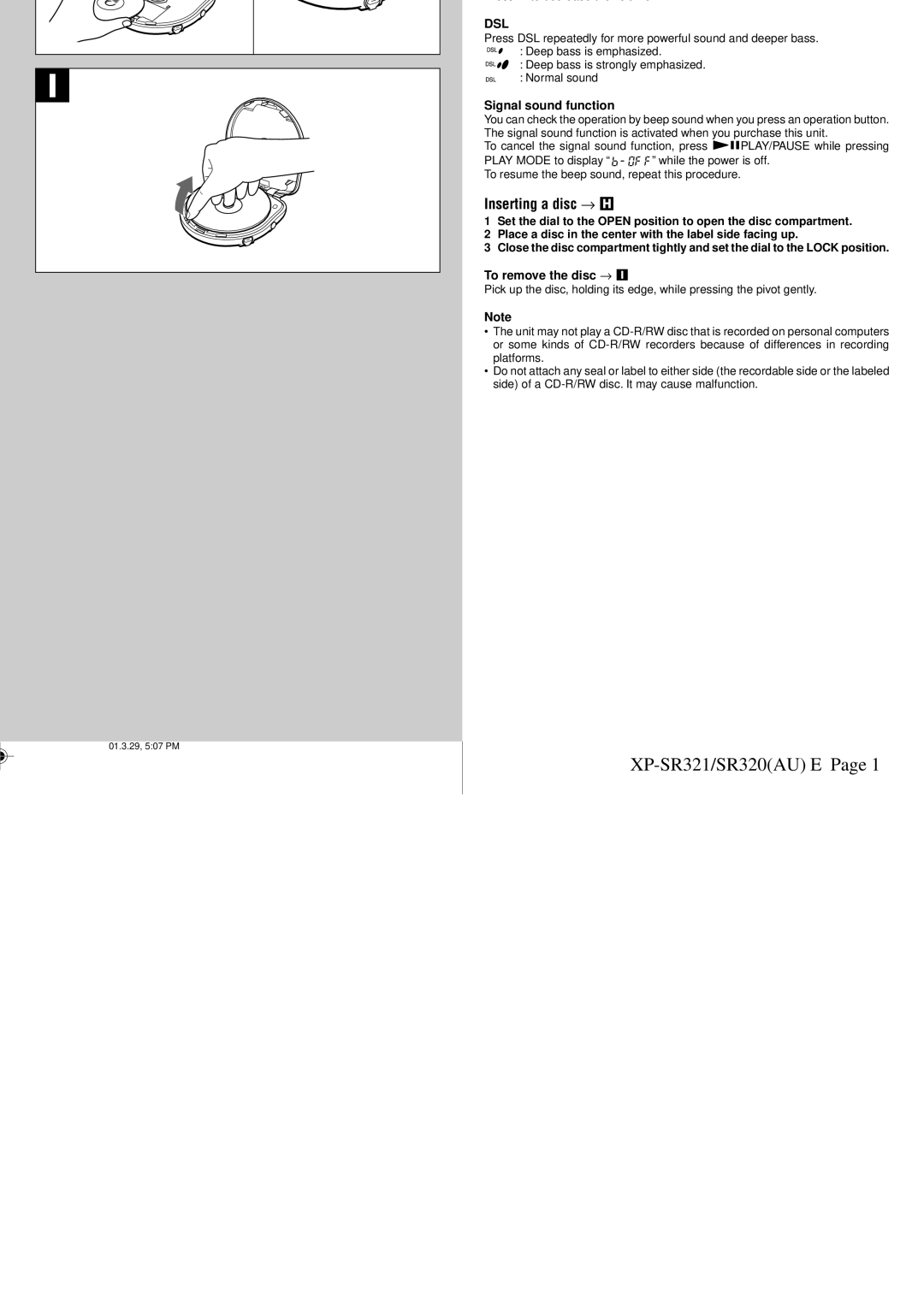 Sony XP-SR320, XP-SR321 specifications Inserting a disc → H, Signal sound function, To remove the disc → 