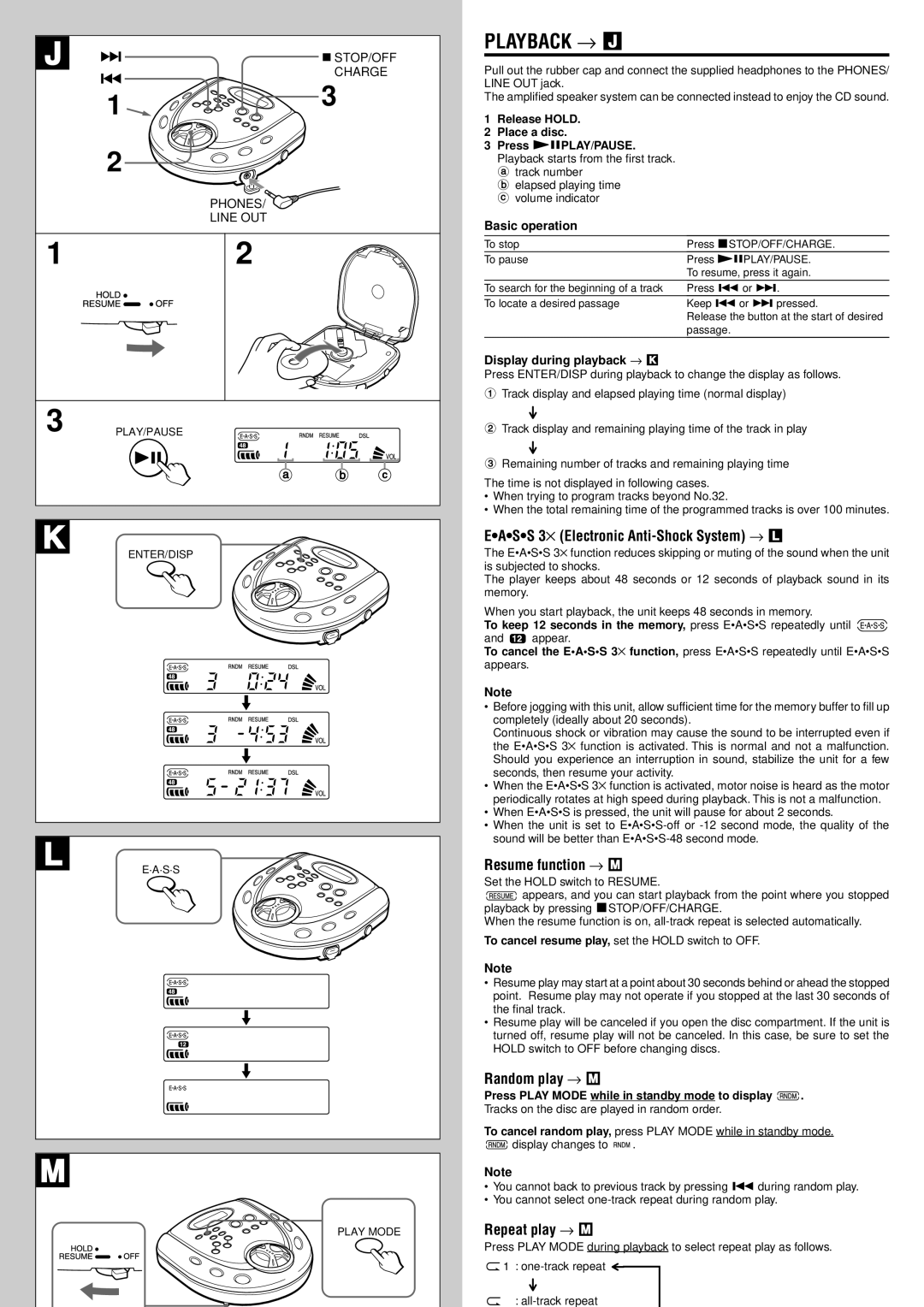 Sony XP-SR321, XP-SR320 Playback → J, Eass 3⋅ Electronic Anti-Shock System → L, Resume function → M, Random play → M 