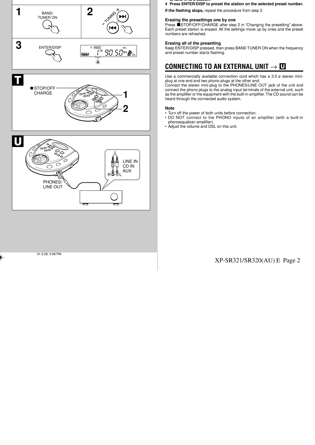 Sony XP-SR320, XP-SR321 specifications Connecting to AN External Unit → U, Charge, Erasing all of the presetting 