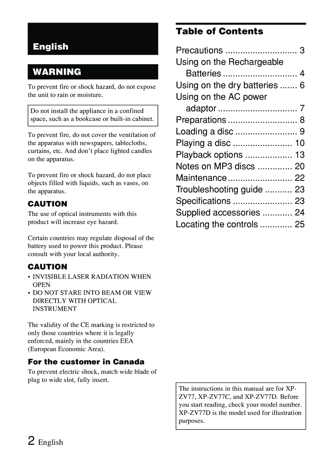 Sony XP-ZV77C, XP-ZV77D operating instructions English, Table of Contents 