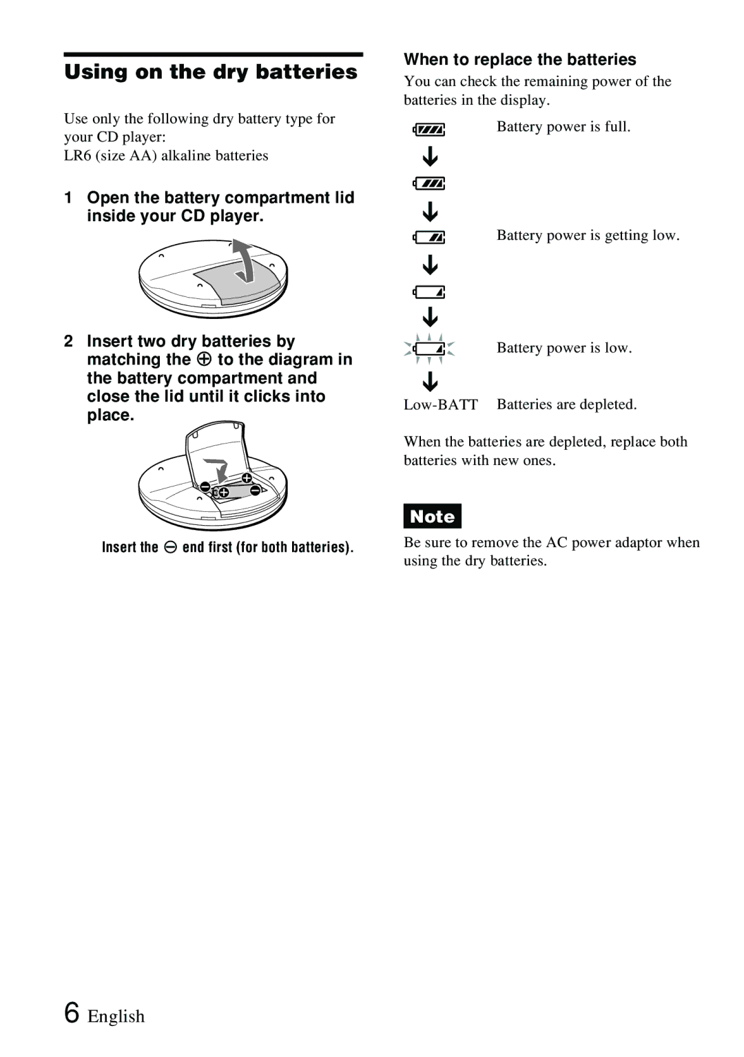 Sony XP-ZV77D, XP-ZV77C operating instructions Using on the dry batteries, When to replace the batteries 