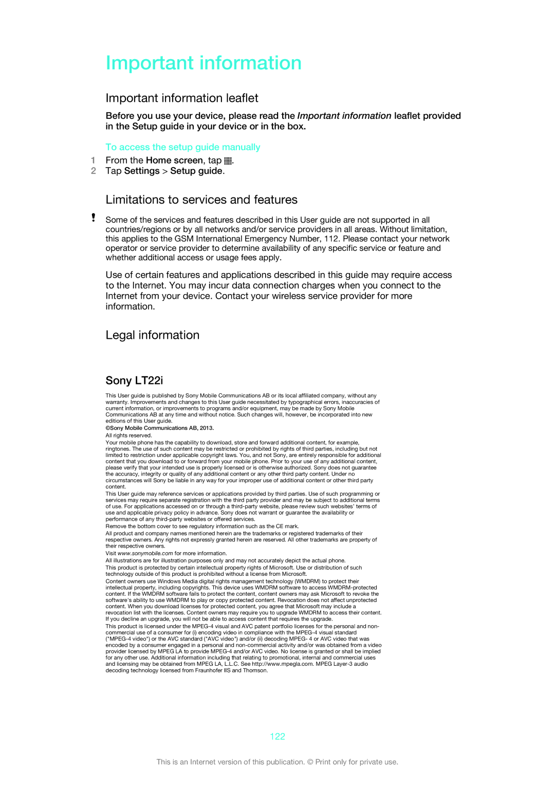 Sony 1261-4445 Important information leaflet, Limitations to services and features, Legal information, Sony LT22i 