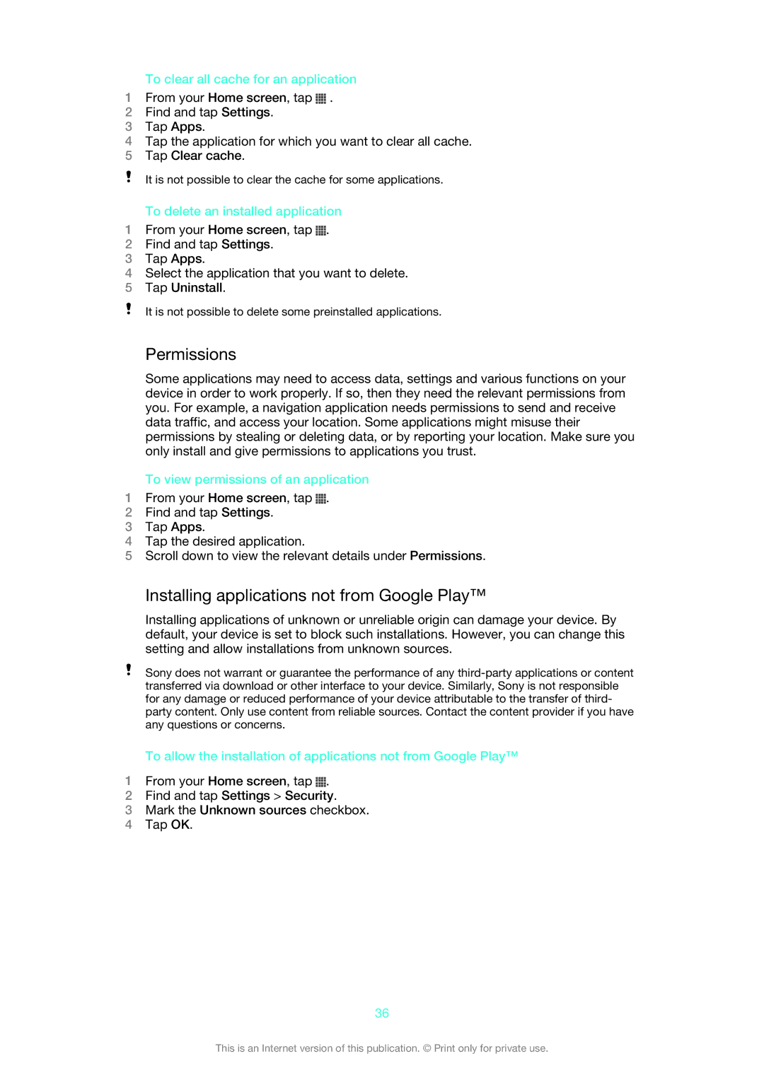 Sony XPERIA P, 1261-4434 Permissions, Installing applications not from Google Play, To clear all cache for an application 