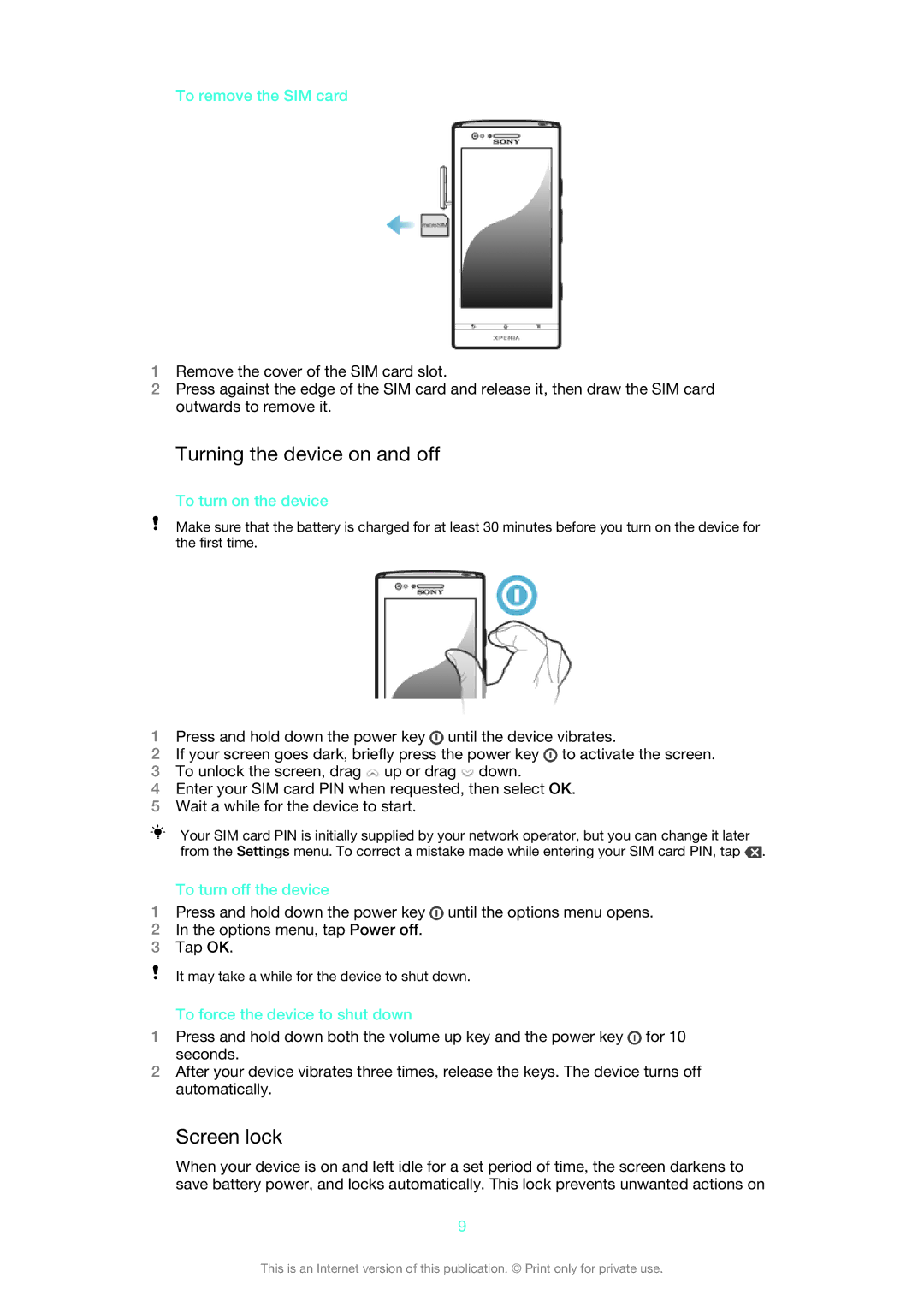 Sony 1261-4434, XPERIA P, 1261-4445, 1261-4451 manual Turning the device on and off, Screen lock 