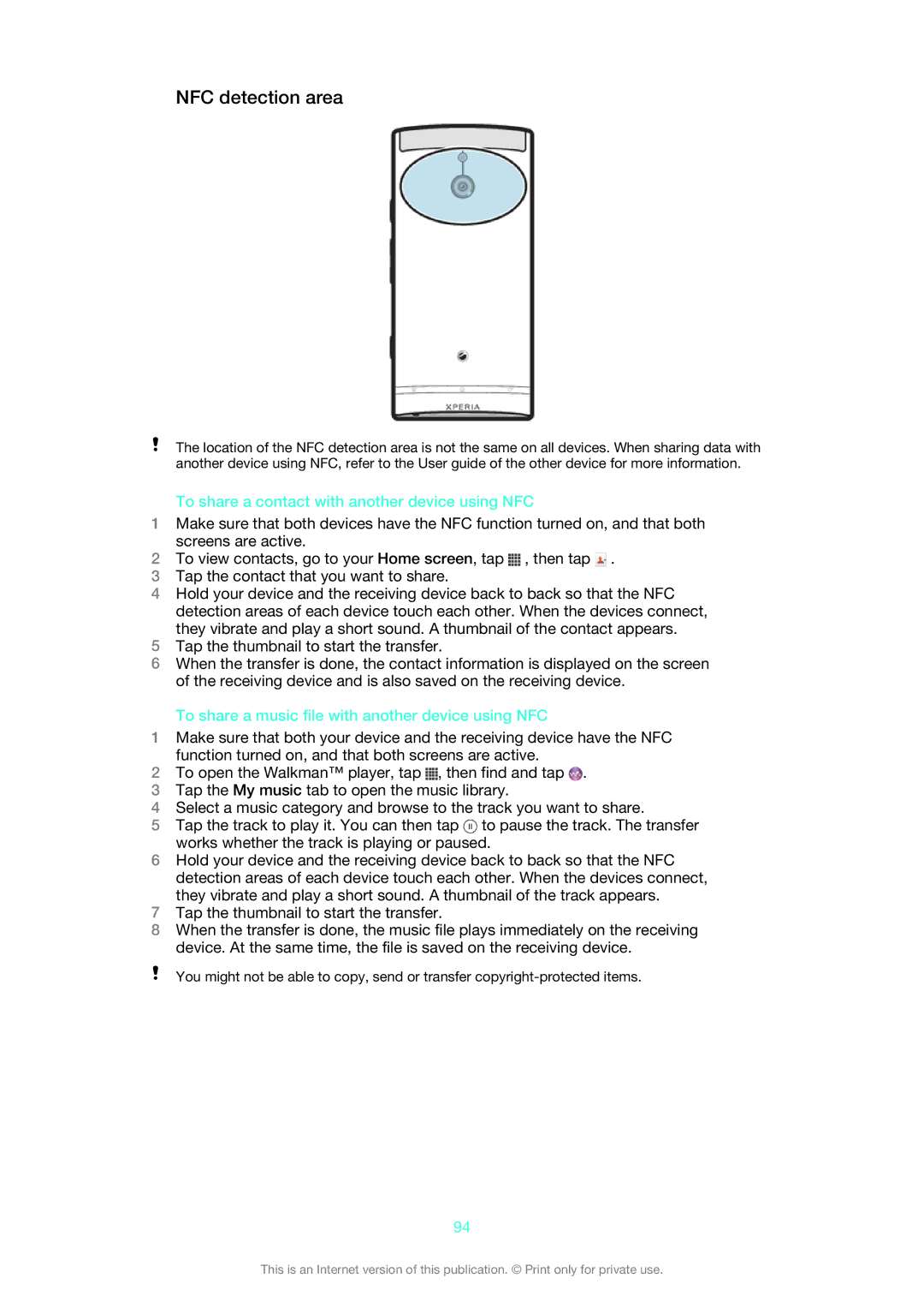 Sony 1261-4445, XPERIA P, 1261-4434, 1261-4451 manual NFC detection area, To share a contact with another device using NFC 