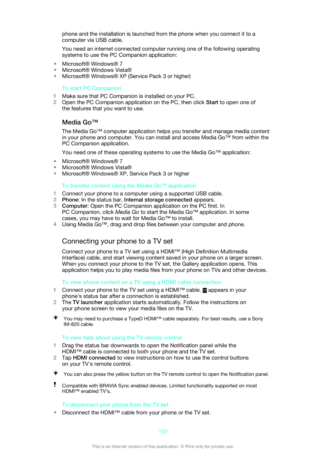 Sony XPERIA S manual Connecting your phone to a TV set, Media Go 