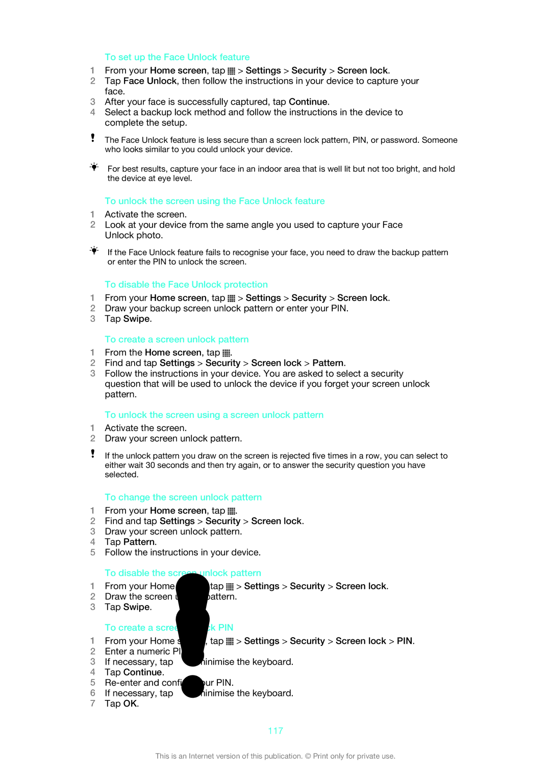 Sony XPERIA S manual To set up the Face Unlock feature, To unlock the screen using the Face Unlock feature, 117 