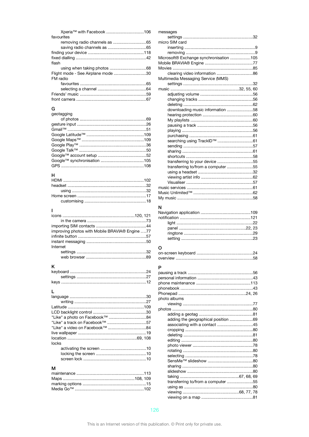 Sony XPERIA S manual 126, Music 