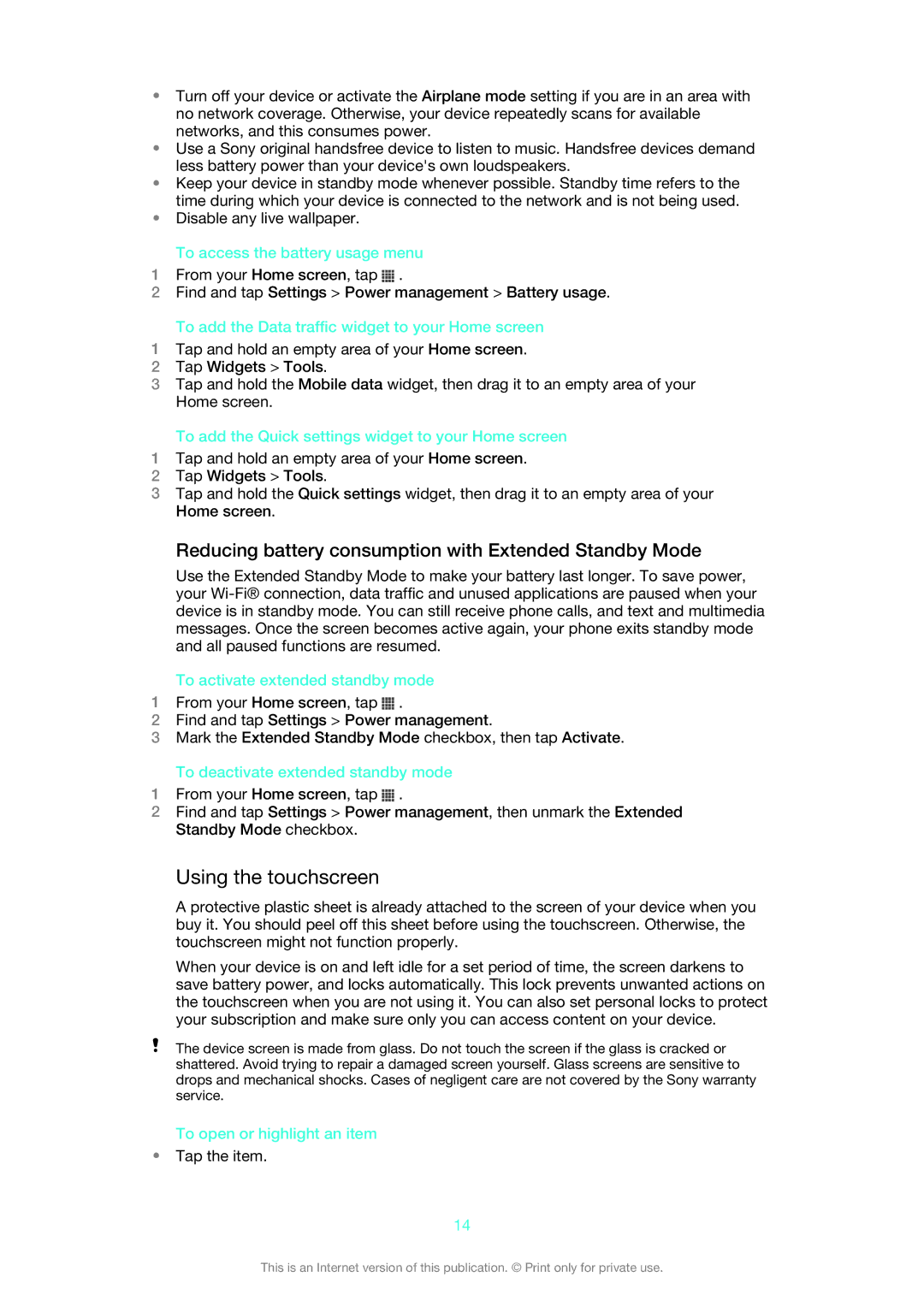 Sony XPERIA S manual Using the touchscreen, Reducing battery consumption with Extended Standby Mode 